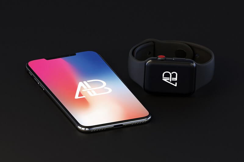 iPhone X with Apple Watch (Series 3) Mockup