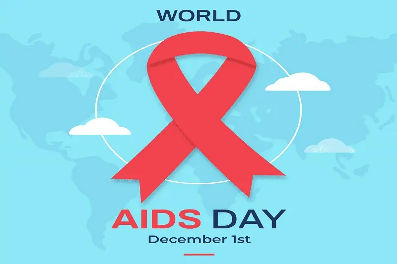 Flat world aids day illustrated ribbon on light world map